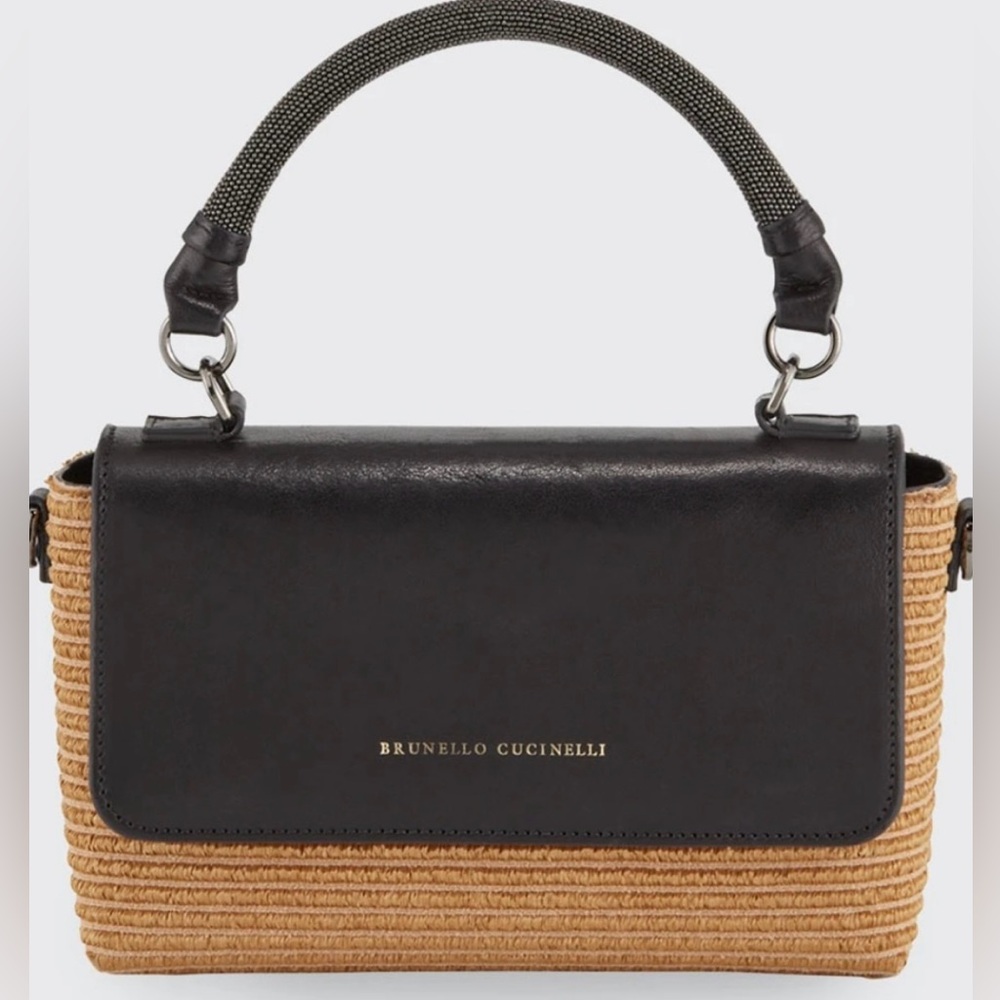 Brunello  Cucinelli Bag w/ Dust Bag
LEATHER AND RAFFIA MINI FLAP BAG. Black